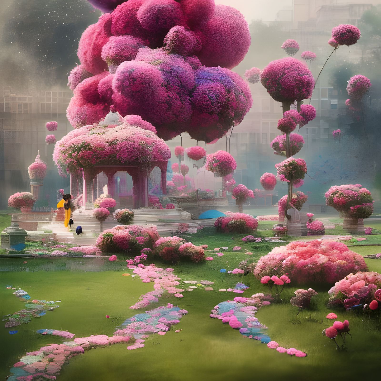 Fantasy Lawn with Overflowing Well, Detailed 3D Render