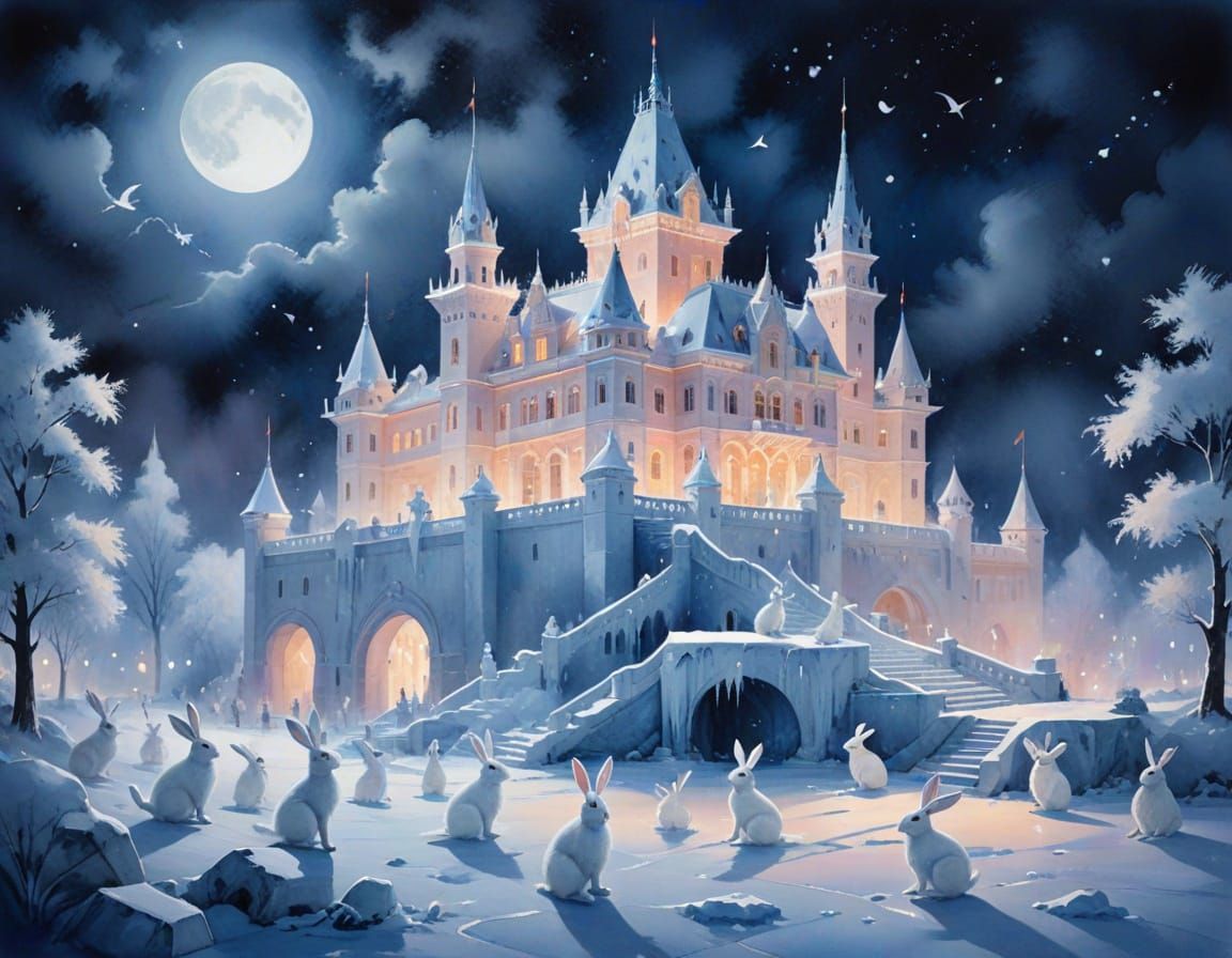 Moonlit Snow Hares Dancing Around Ice Palace