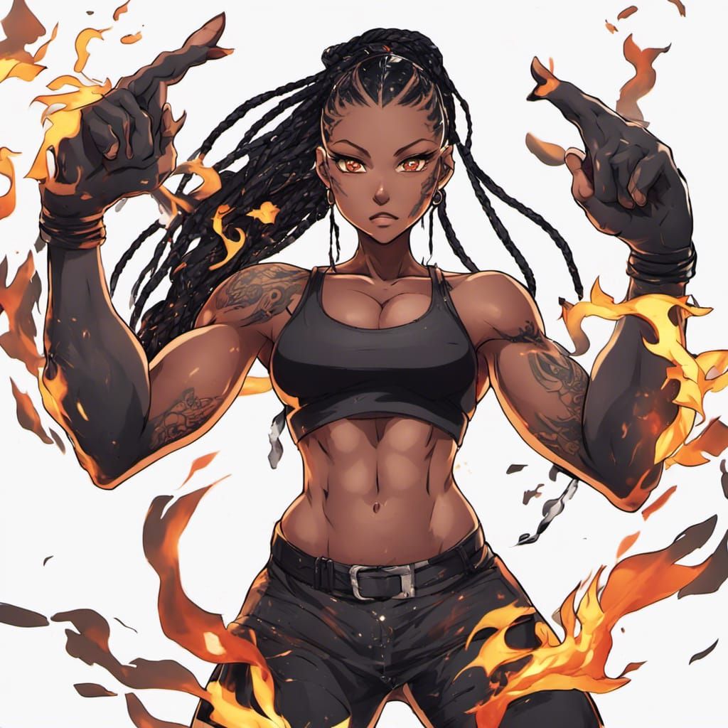 Powerful Black Woman Engulfed in Flames, Anime Style