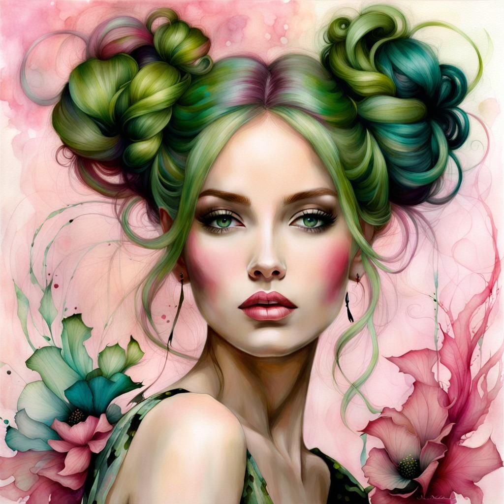 Ethereal Woman in Vibrant Alcohol-Ink Painting