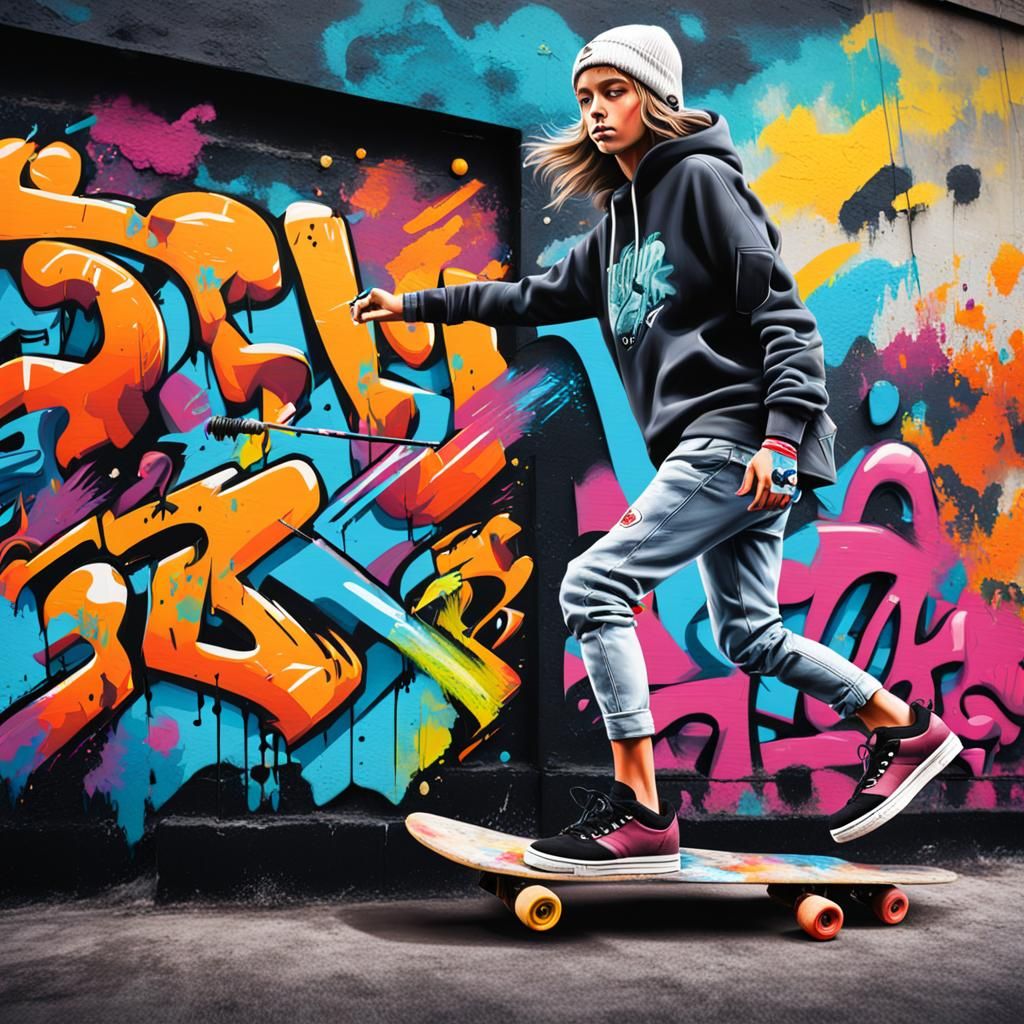 Graffiti Wall with Girl Skateboarding: Street Art