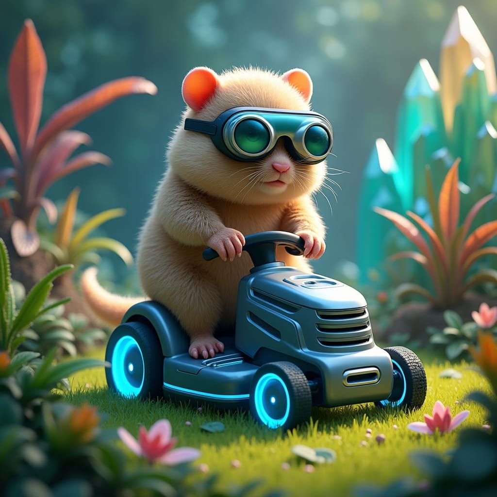Hyperrealistic, cute, lovable, fluffy with futuristic binoculars mole with a blind armband, sitting on a lawn mower tryi...