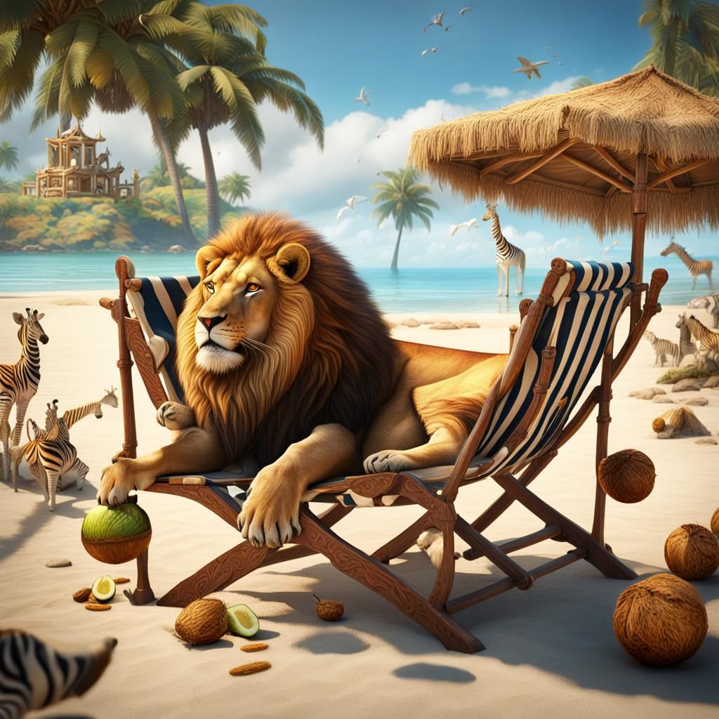 Lion on Beach with Coconut, Fantasy Concept Art