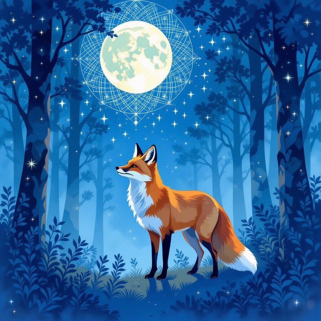 Fox Adorned with Constellations in Moonlit Forest, in Sumina...