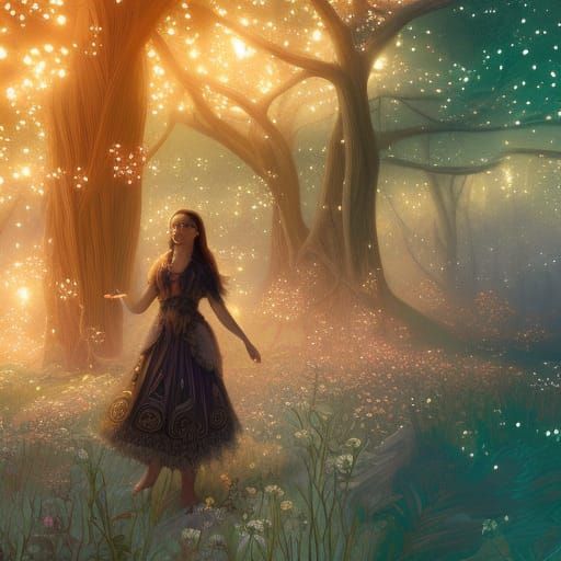 Fantasy Woman in Shimmering Landscape: Digital Illustration