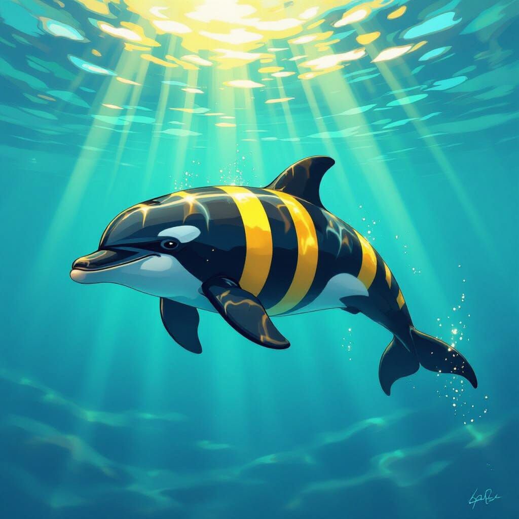 Dolphin with Bee Stripes Swims in Sunlit Turquoise Sea