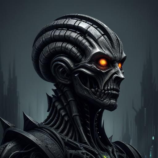 Biomechanical Harvester Queen in Ominous Cityscape