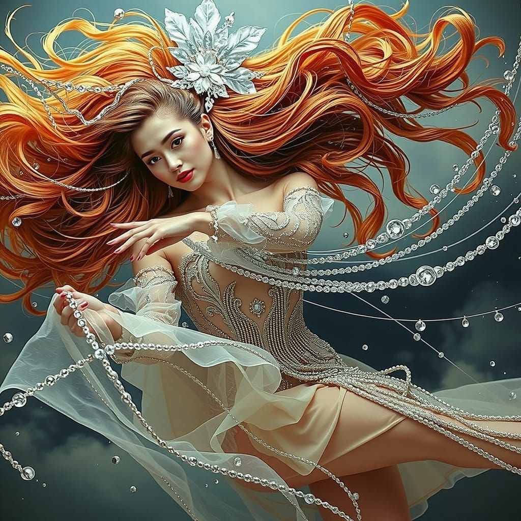 Glamorous Dancer in Haute-Couture with Shimmering Hair