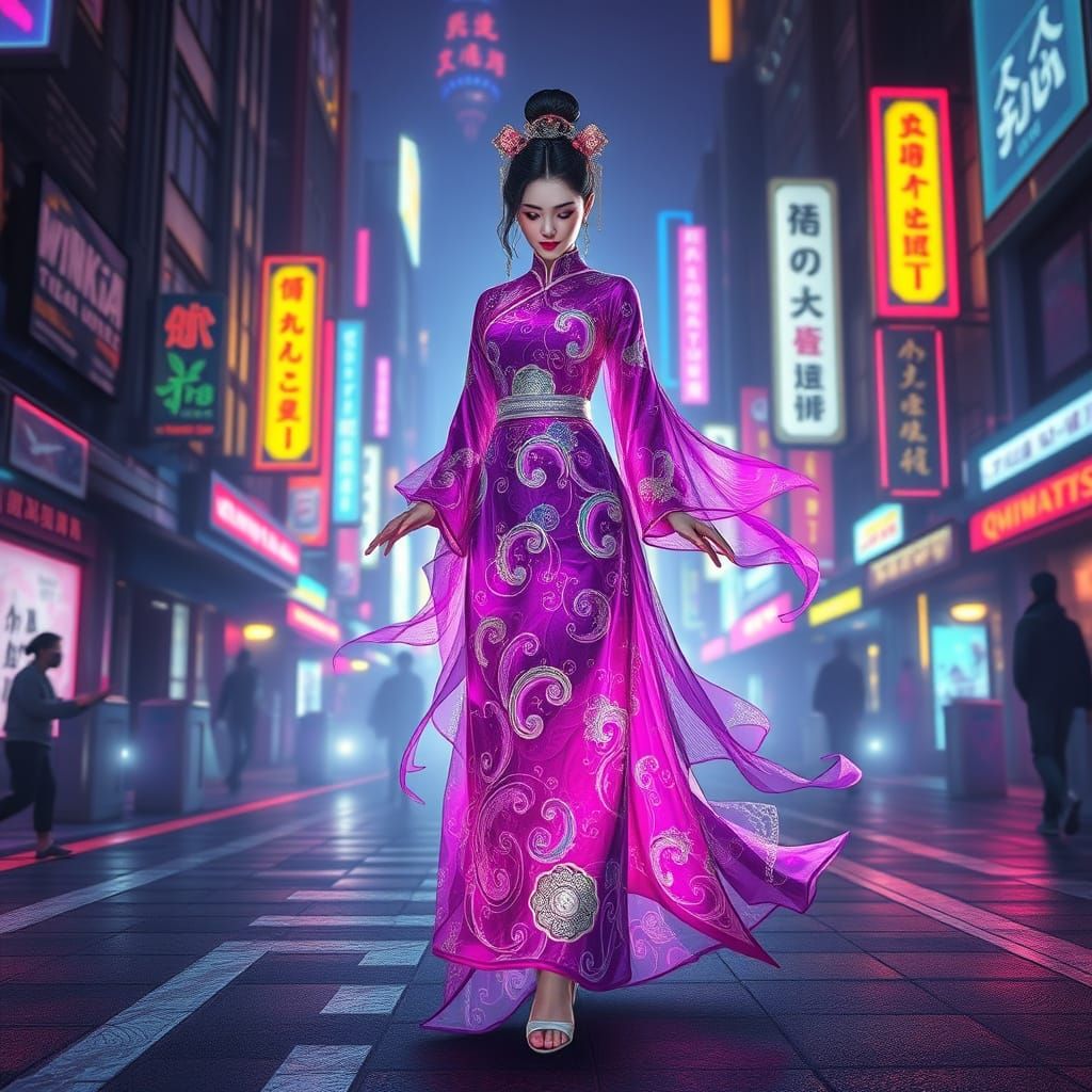 Cyberpunk Goddess in Radiant, Swirling Patterns