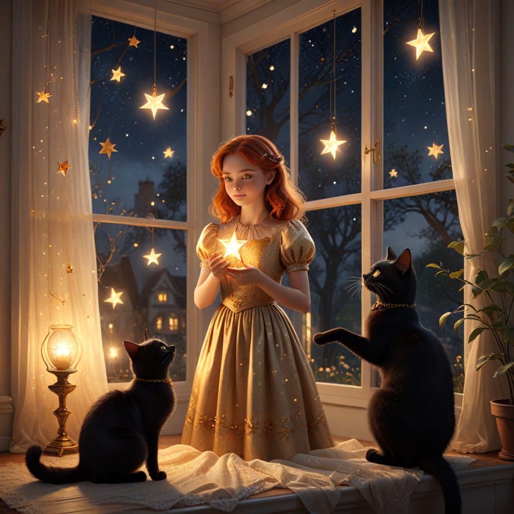 Enchanting Girl with Star, Cat by Window