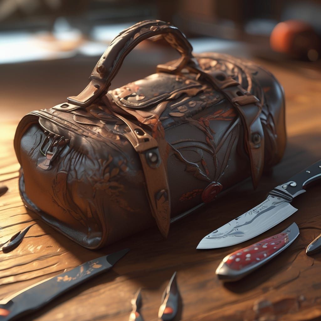 Survival Kit Bag and Knife on Wood, 3D Anime Art
