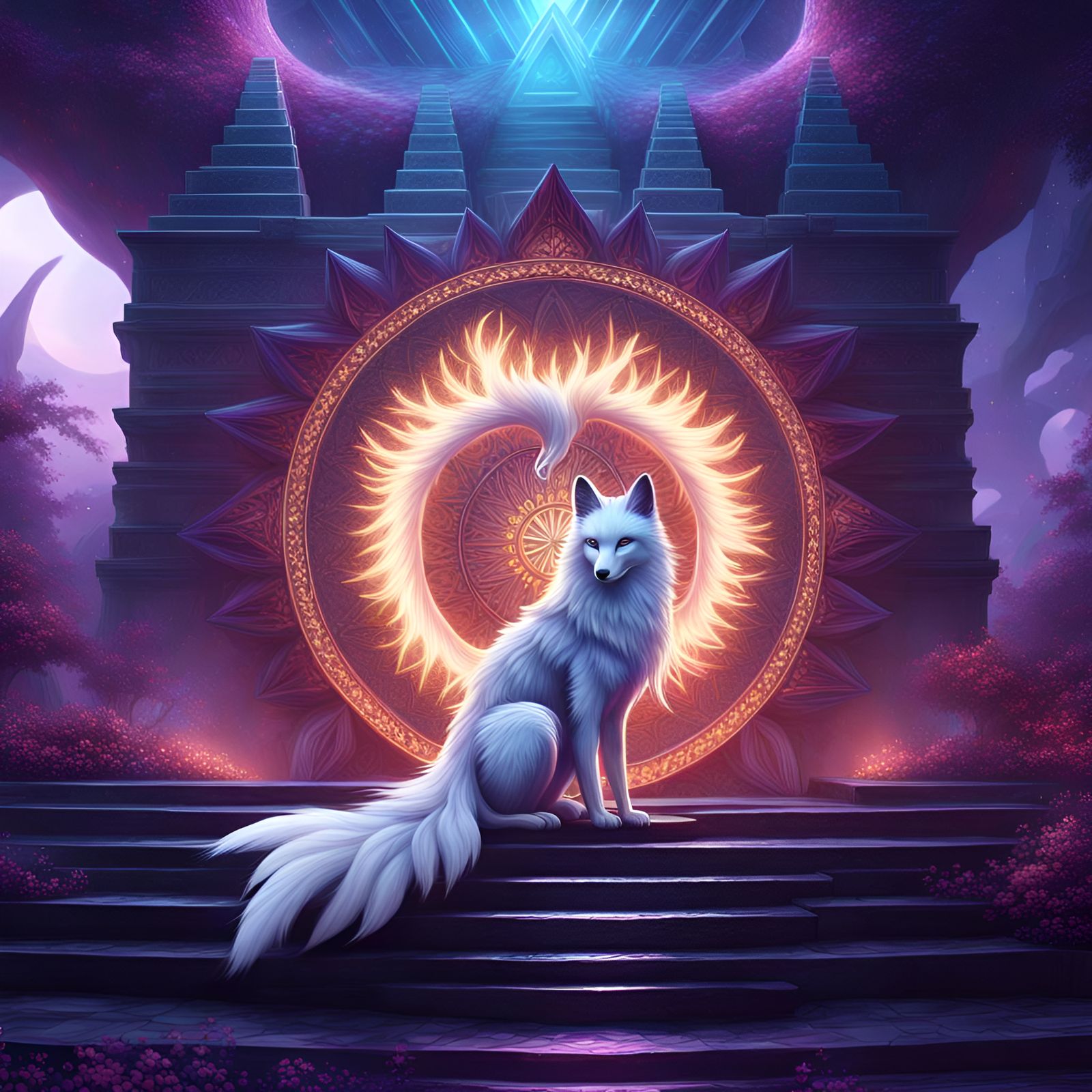 White Fox and Phoenix with Pyramid, Fantasy Art