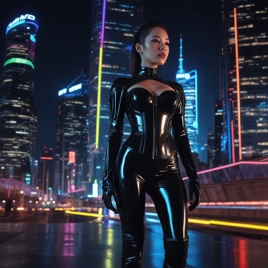Neon-Lit Goddess in Cyberpunk Cityscape