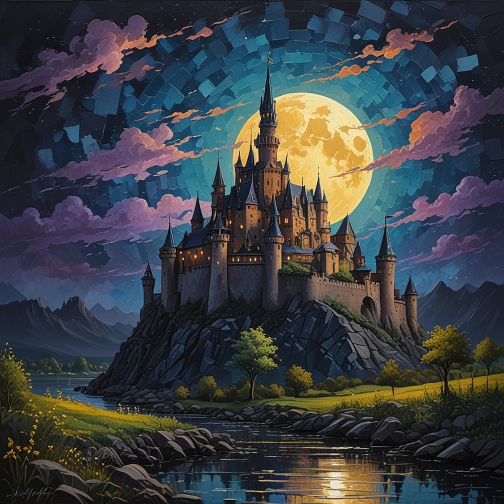 Castle Under Moonlight in Expressionist Oil Painting Style