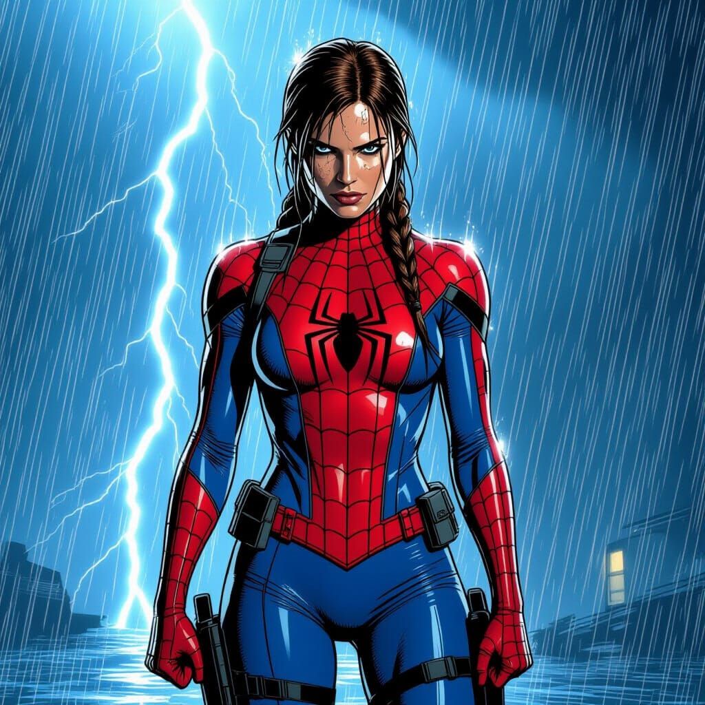 Lara Croft in Spider-Man Suit Amidst Stormy Downpour