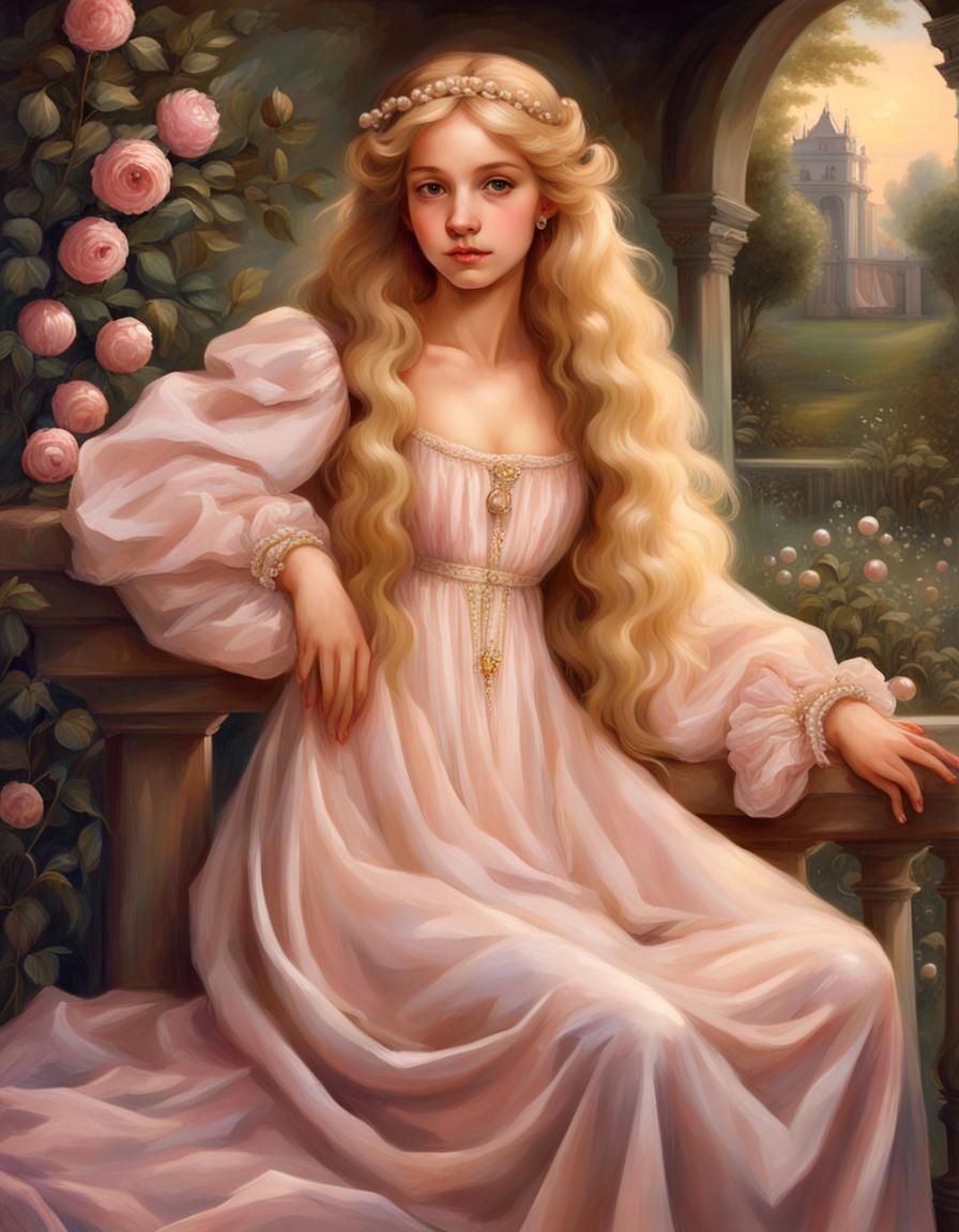 Renaissance Girl with Golden Hair in Garden