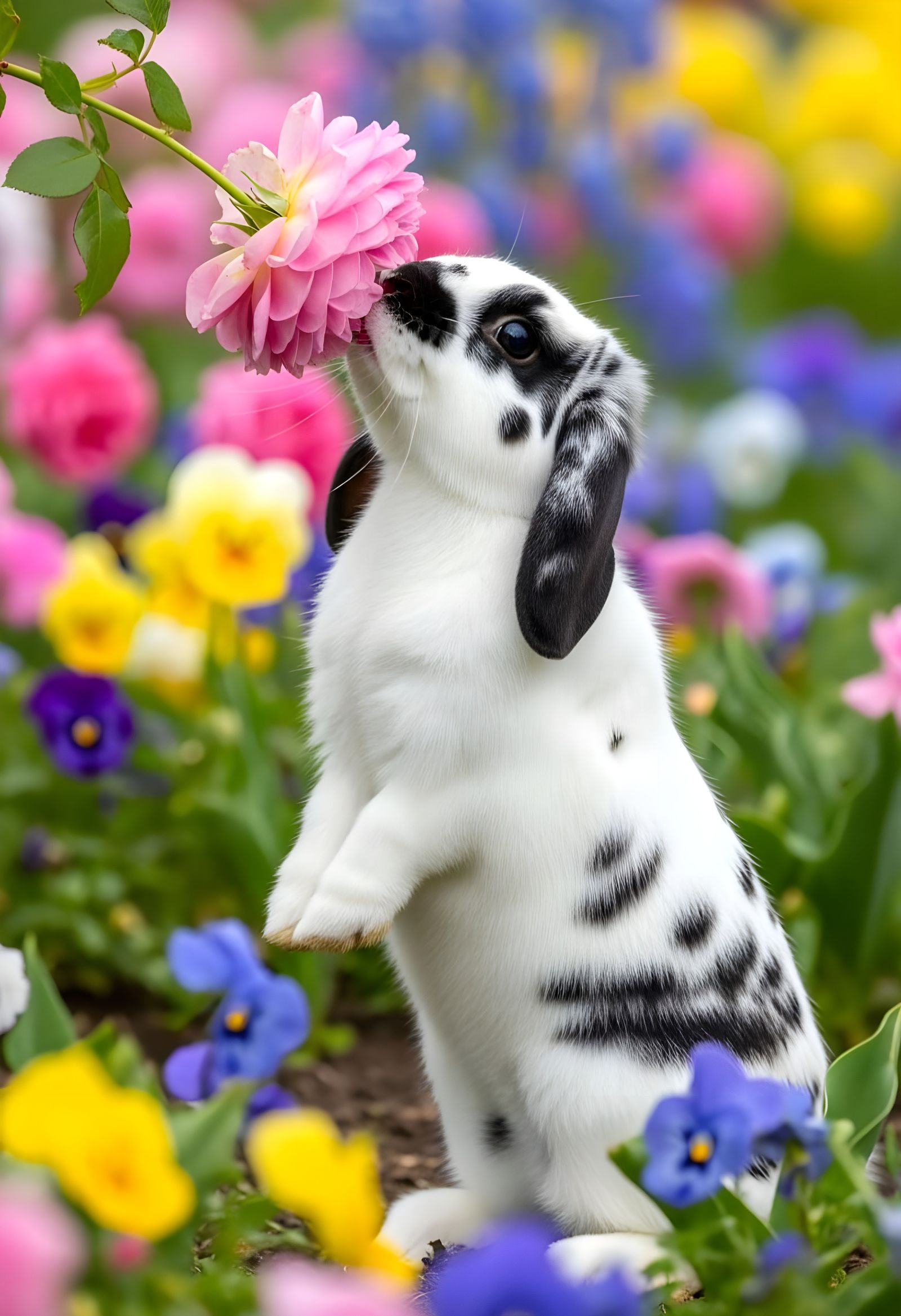 Adorable Mini Lop Rabbit Reaching for a Rose