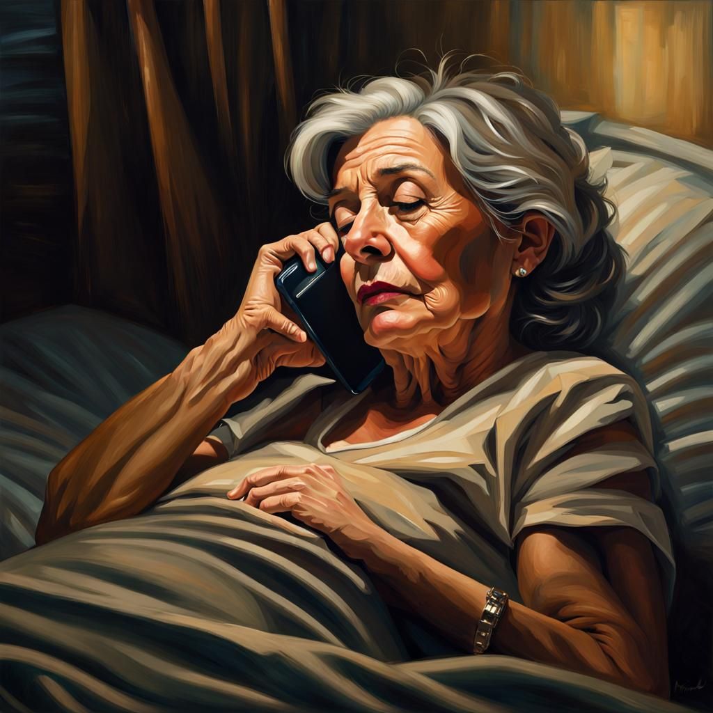 Tired Woman with Phone in Dimly Lit Room