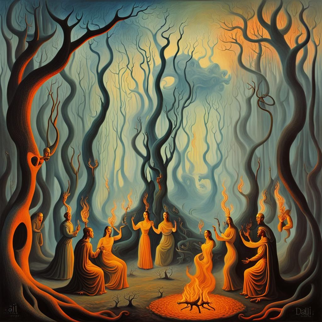 Surreal Ancient Fire Worshippers in Ethereal Forest