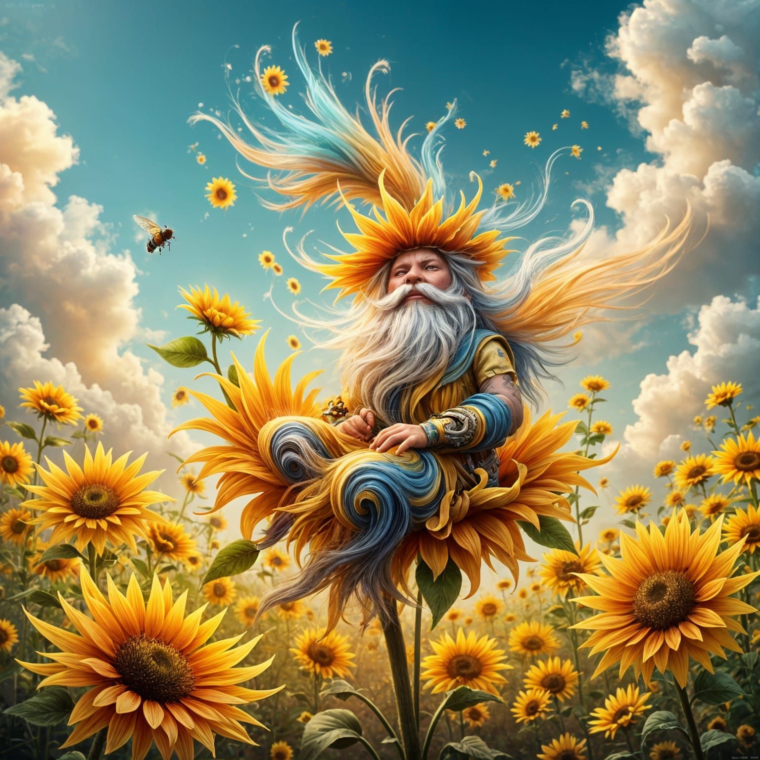 Hippie Gnome on Sunflower in Digital Painting