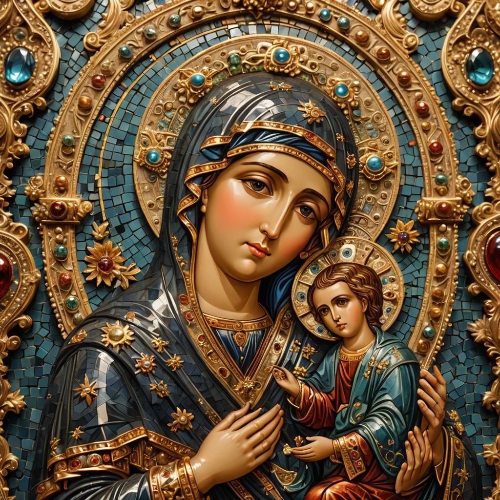 Byzantine Icon of Mother of God in Gemstones