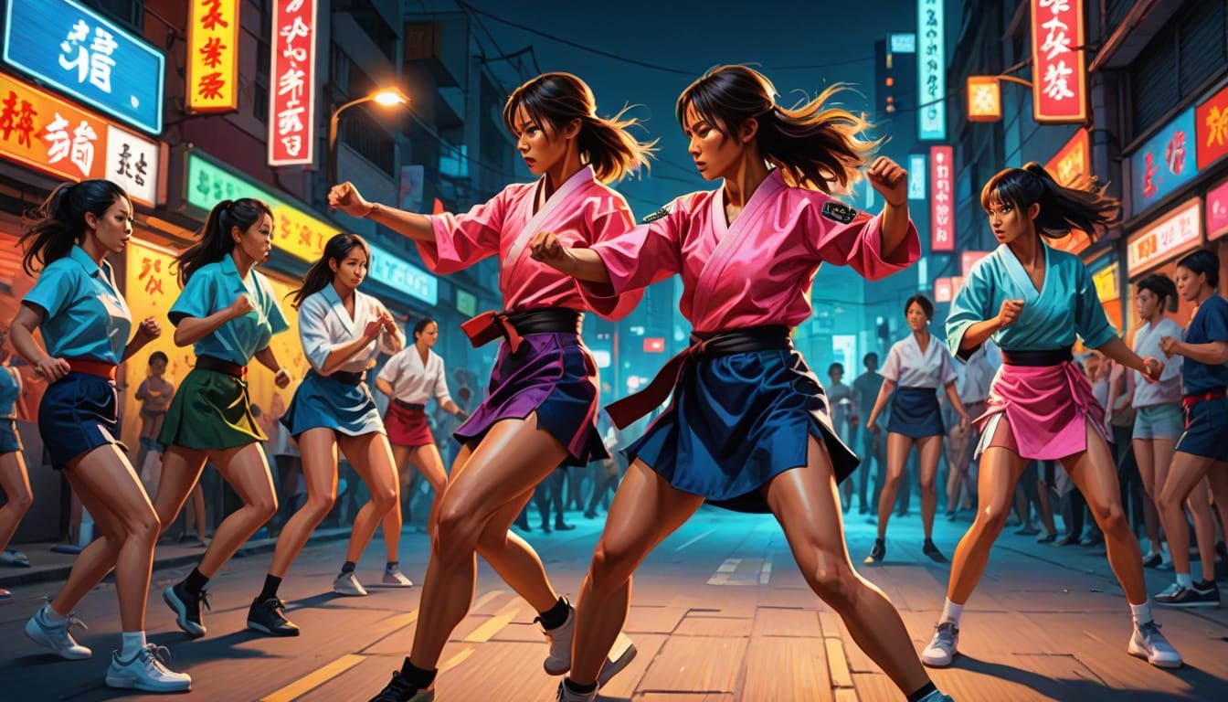 Dynamic Martial Arts Street Fight in Neon Colors