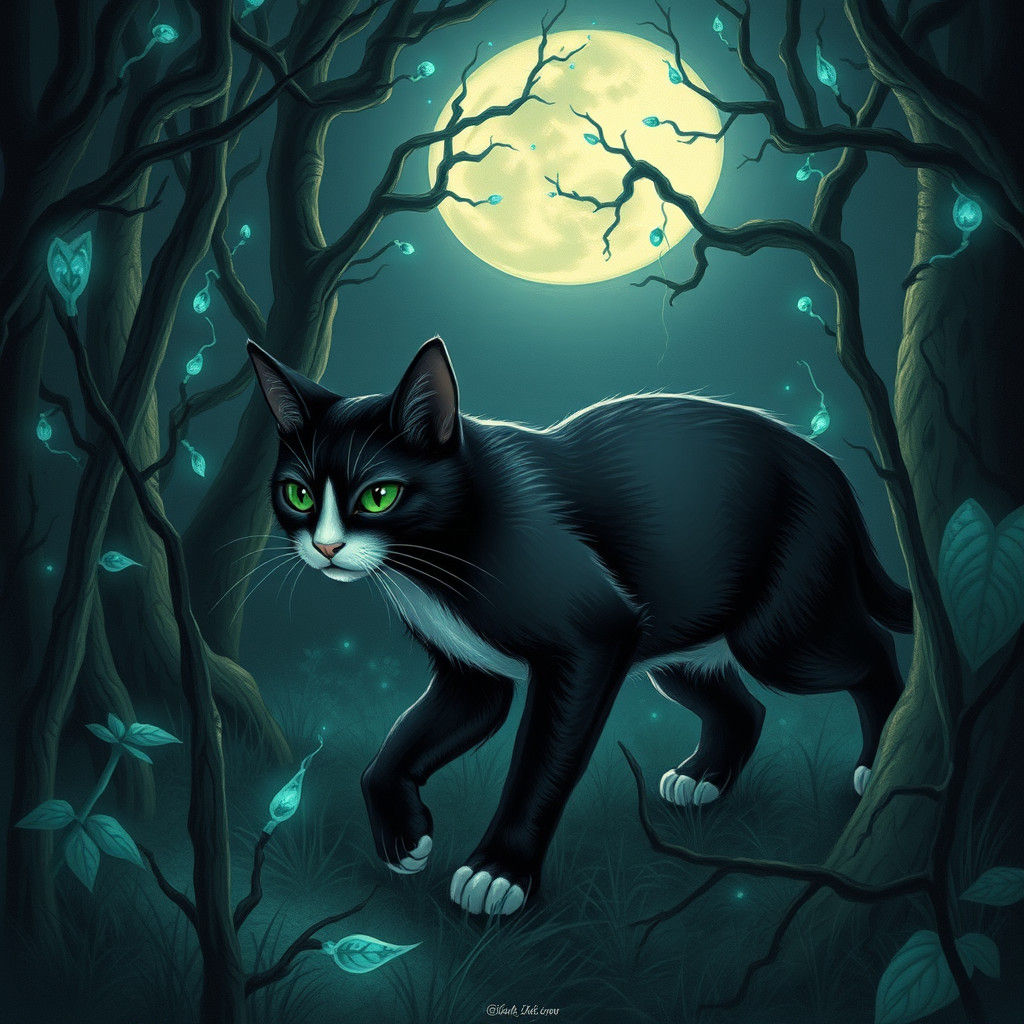 Moonlit Cat Prowl in Mystical Forest