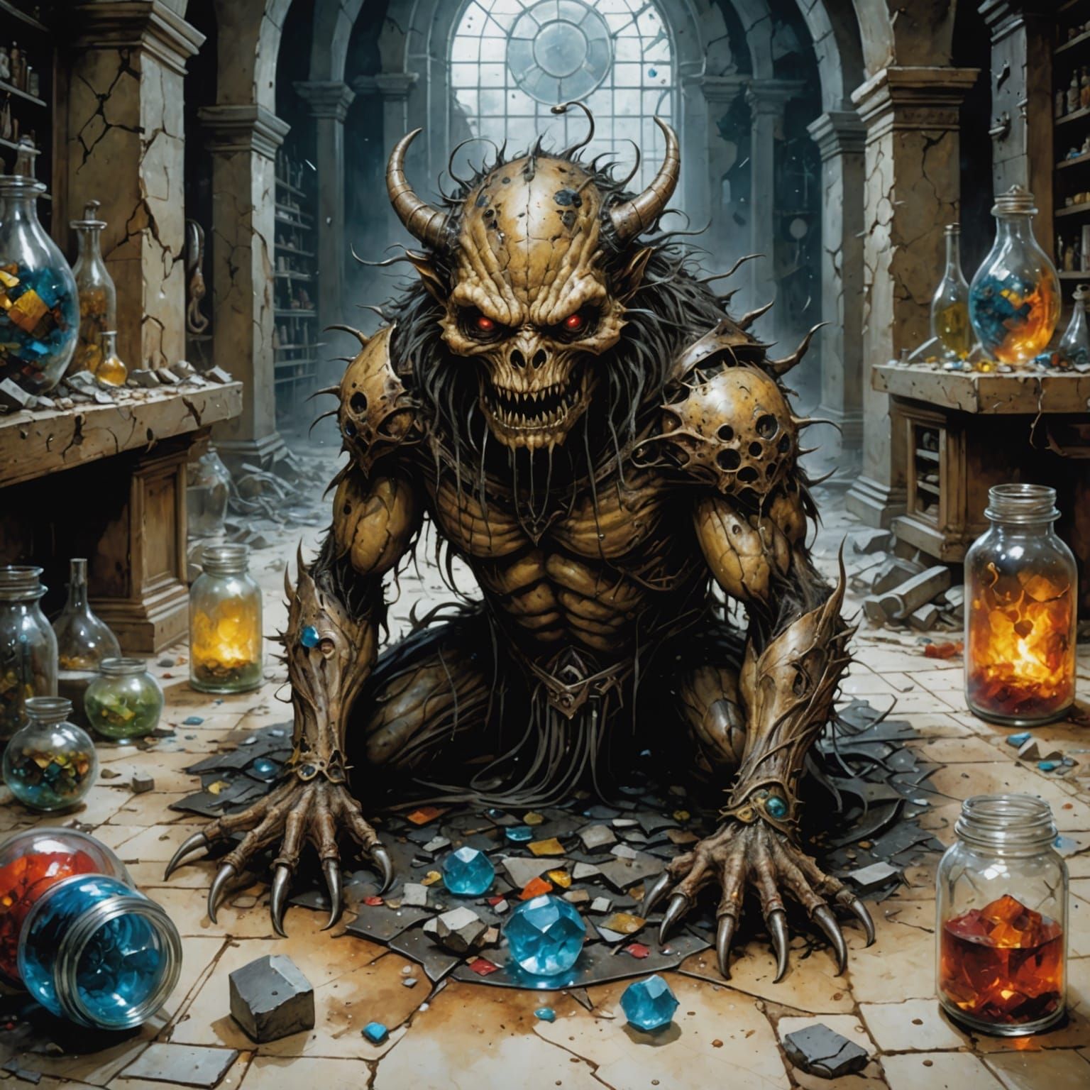 Monster Emerges from Shattered Jar, Comic Book Art