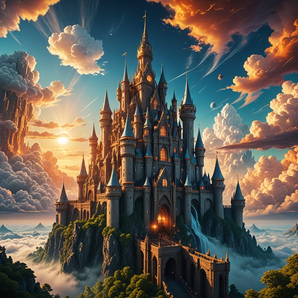 Realistic Sky Castle in Vibrant Fantasy World