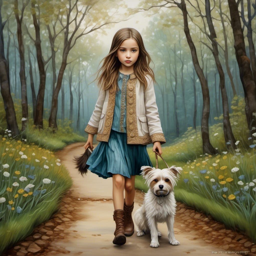 Art Brut Girl Walks Dog in Park