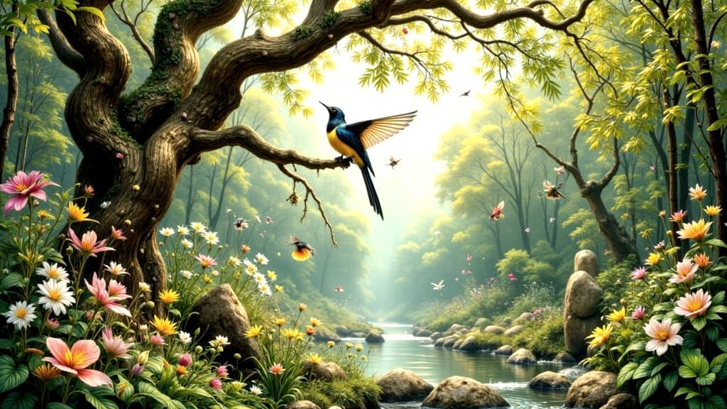 Vibrant Birds in a Lush Forest River Landscape