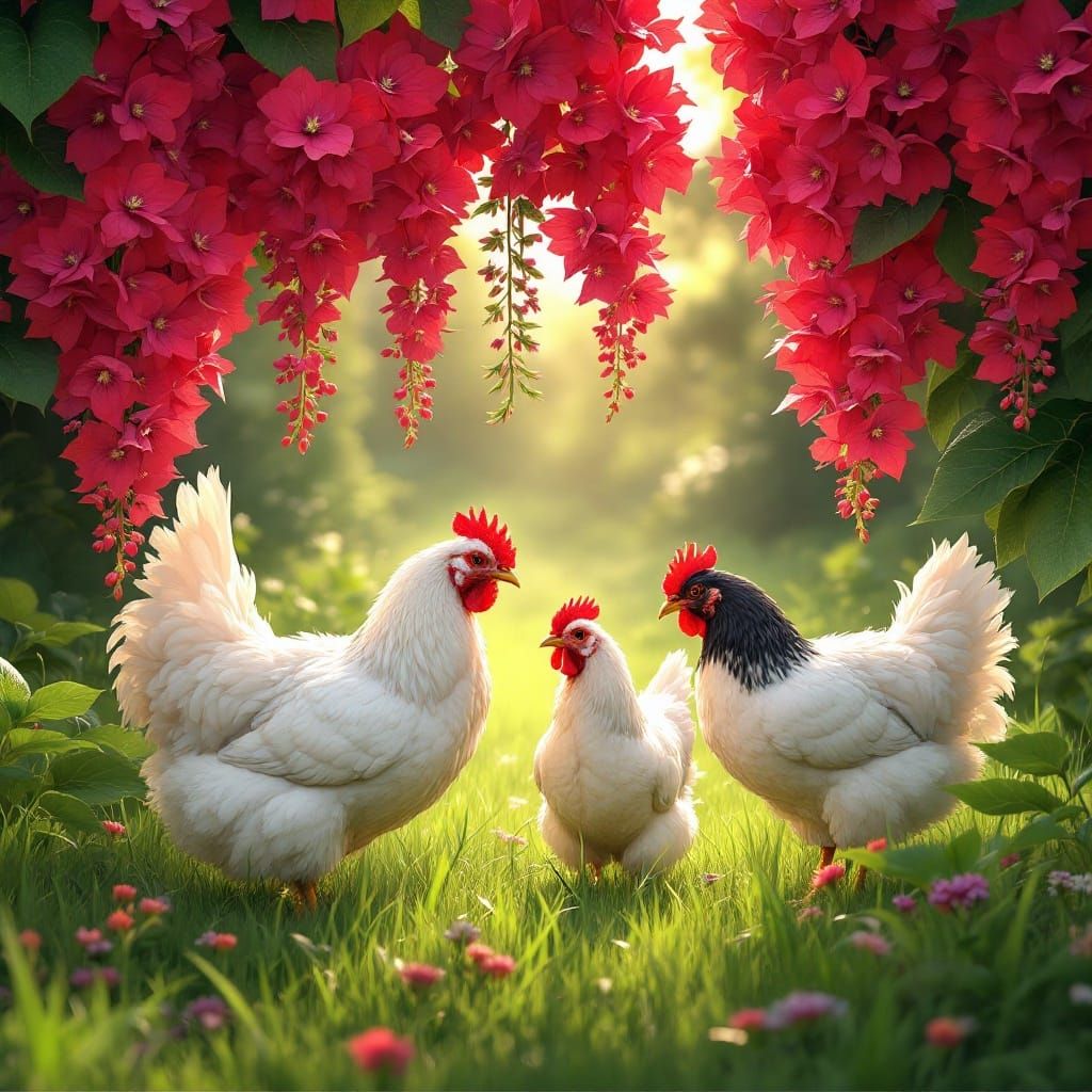 Vibrant Cherry Flowers Surround Grazing Chickens in a Sunlit...