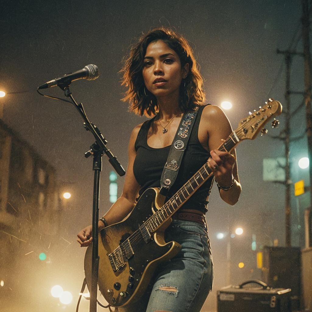 Latina Guitarist in Dystopian Rainy Street