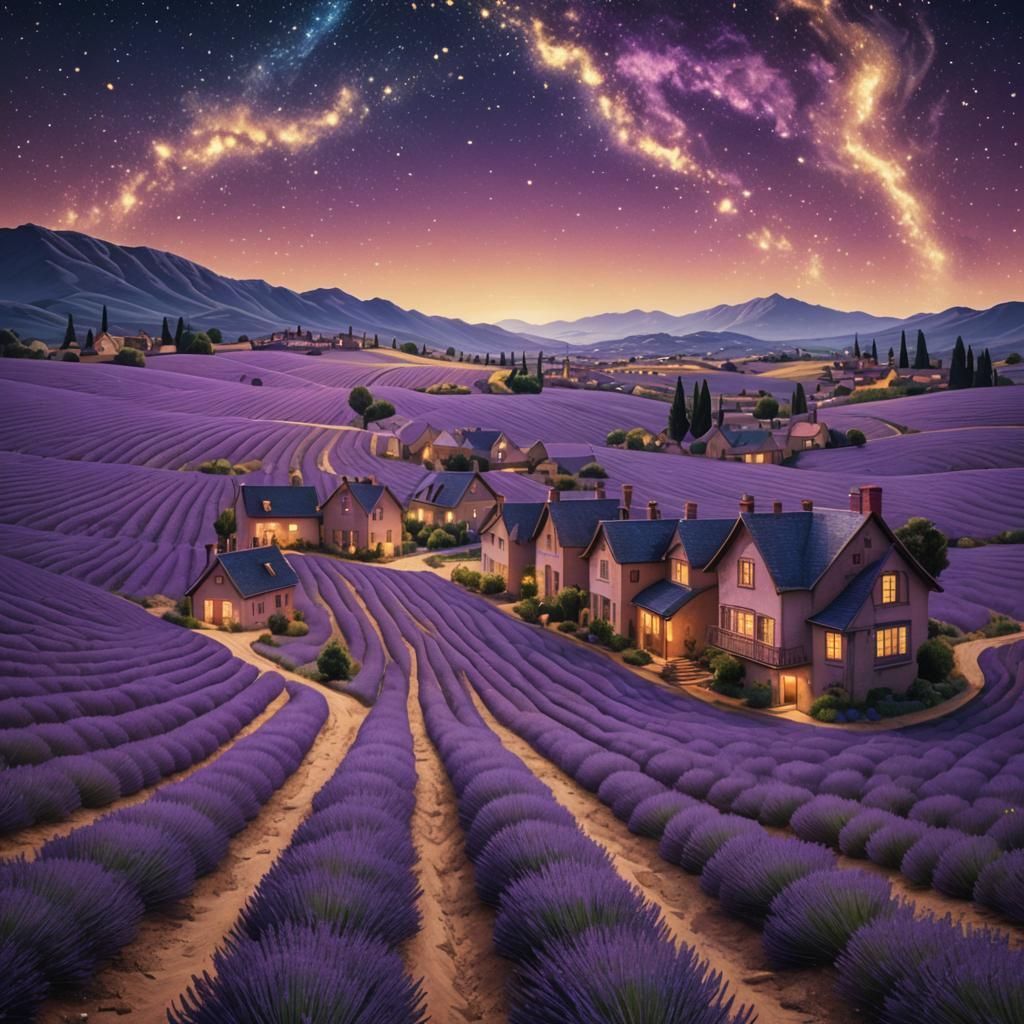 Lavender Fields Under Starry Night Sky in Art Deco Fantasy