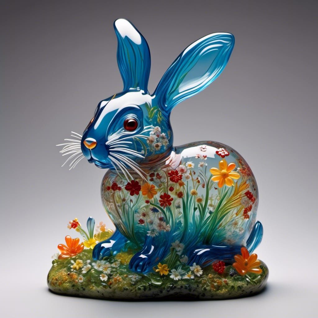 Intricate Glass Rabbit Sculpture on Flowery Hill