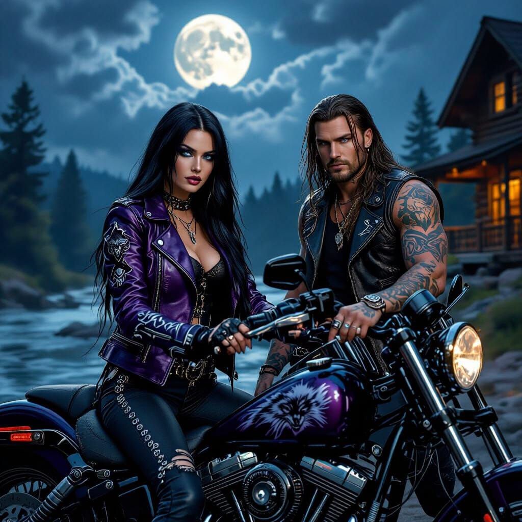 Gothic Bikers on Motorcycle by Cabin Under Full Moon