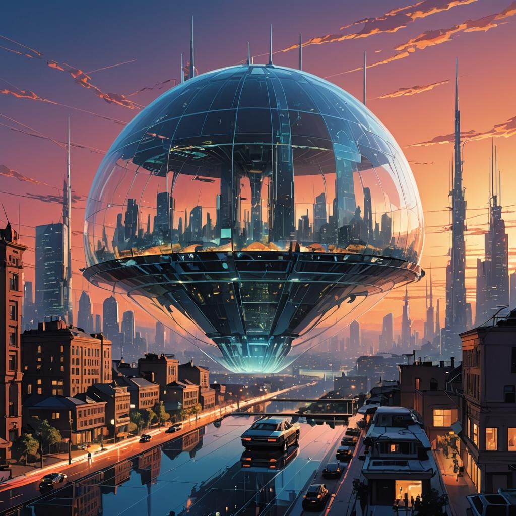 Futuristic Concept Art. Medium Shot. A massive glass dome, s...