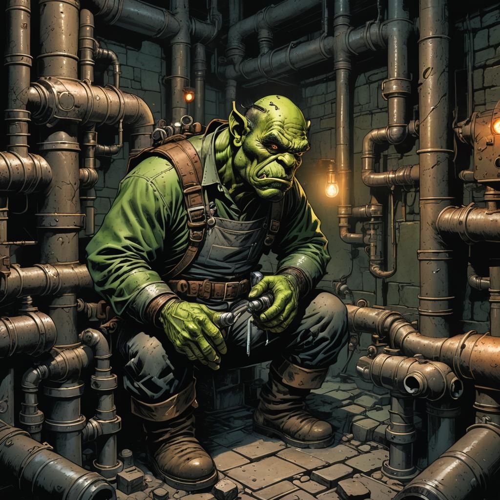 Orc Plumber Repairs Pipes: Comic Book Illustration