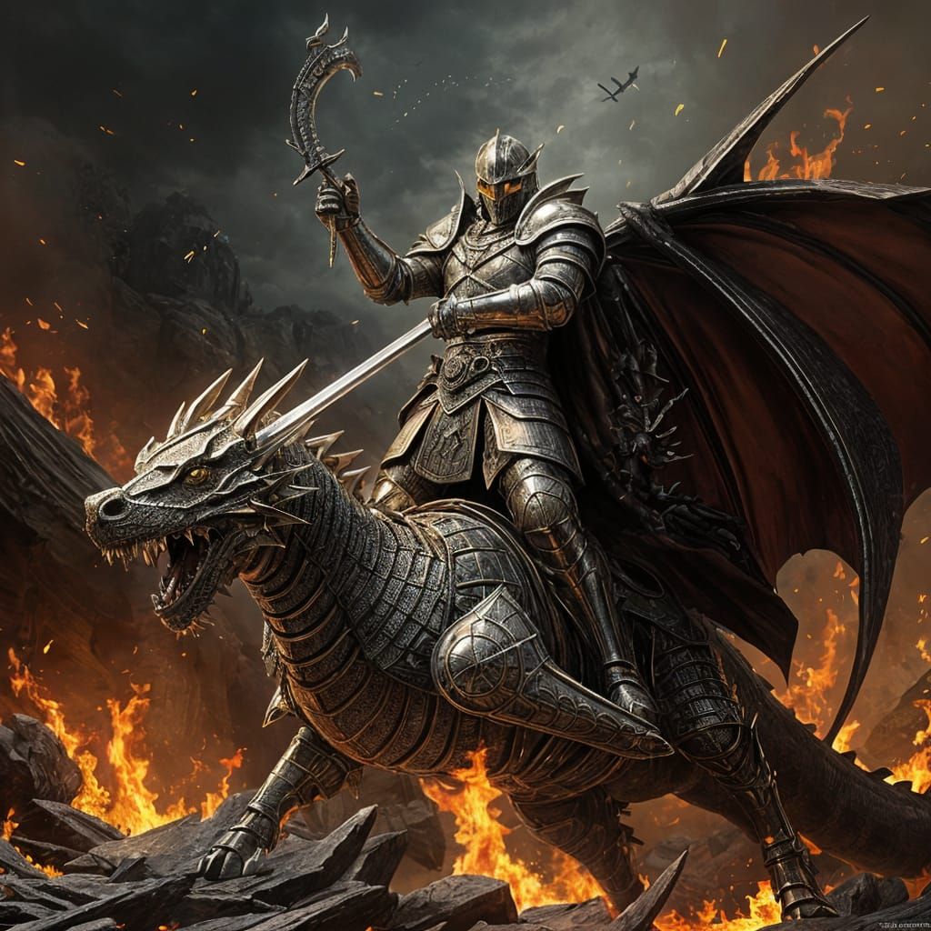 Triumphant Knight Over Dragon in Burning Landscape