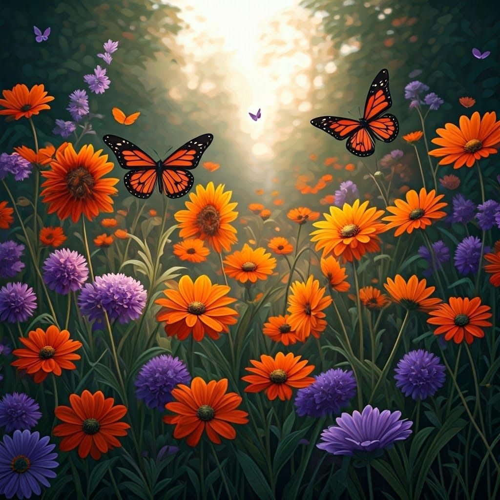 Vibrant Monet-Style Flower Meadow with Whimsical Butterflies