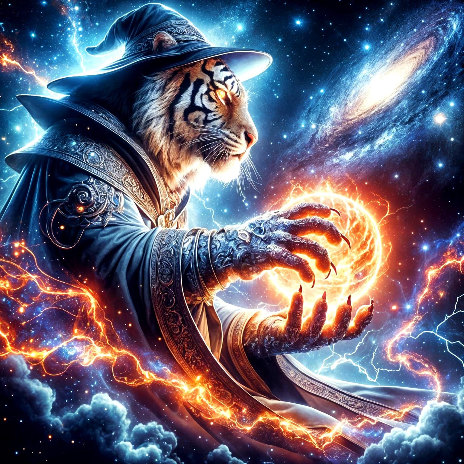 Cosmic Tiger Wizard Casting a Spell in Space