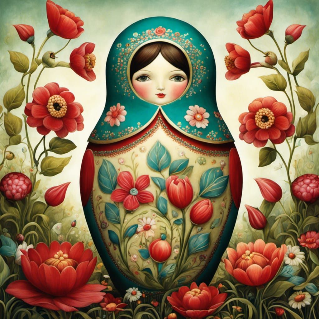 Matrioshka Dolls in Flower Garden, Illustrative Style