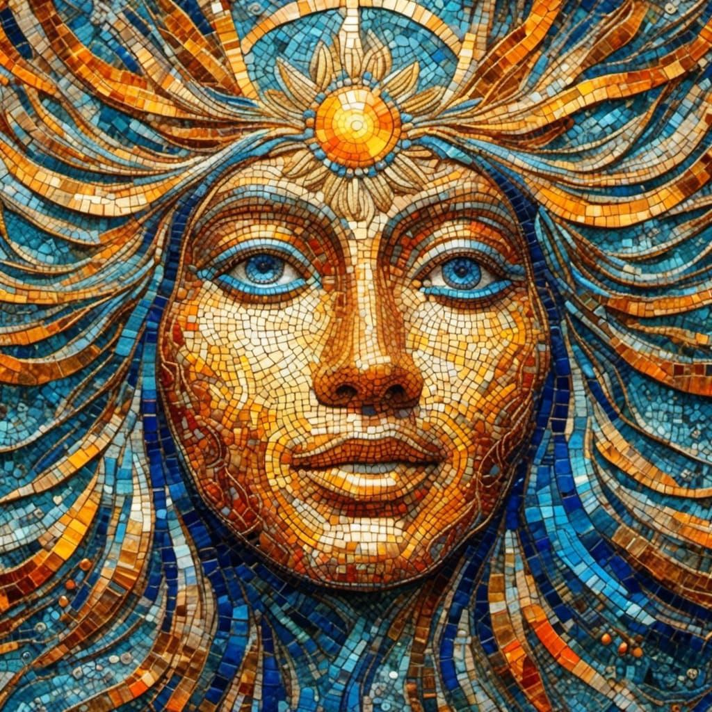<lora:mosaicify:1.0> Mosaic of the sun intricate details. Geometric design. Vivid colors