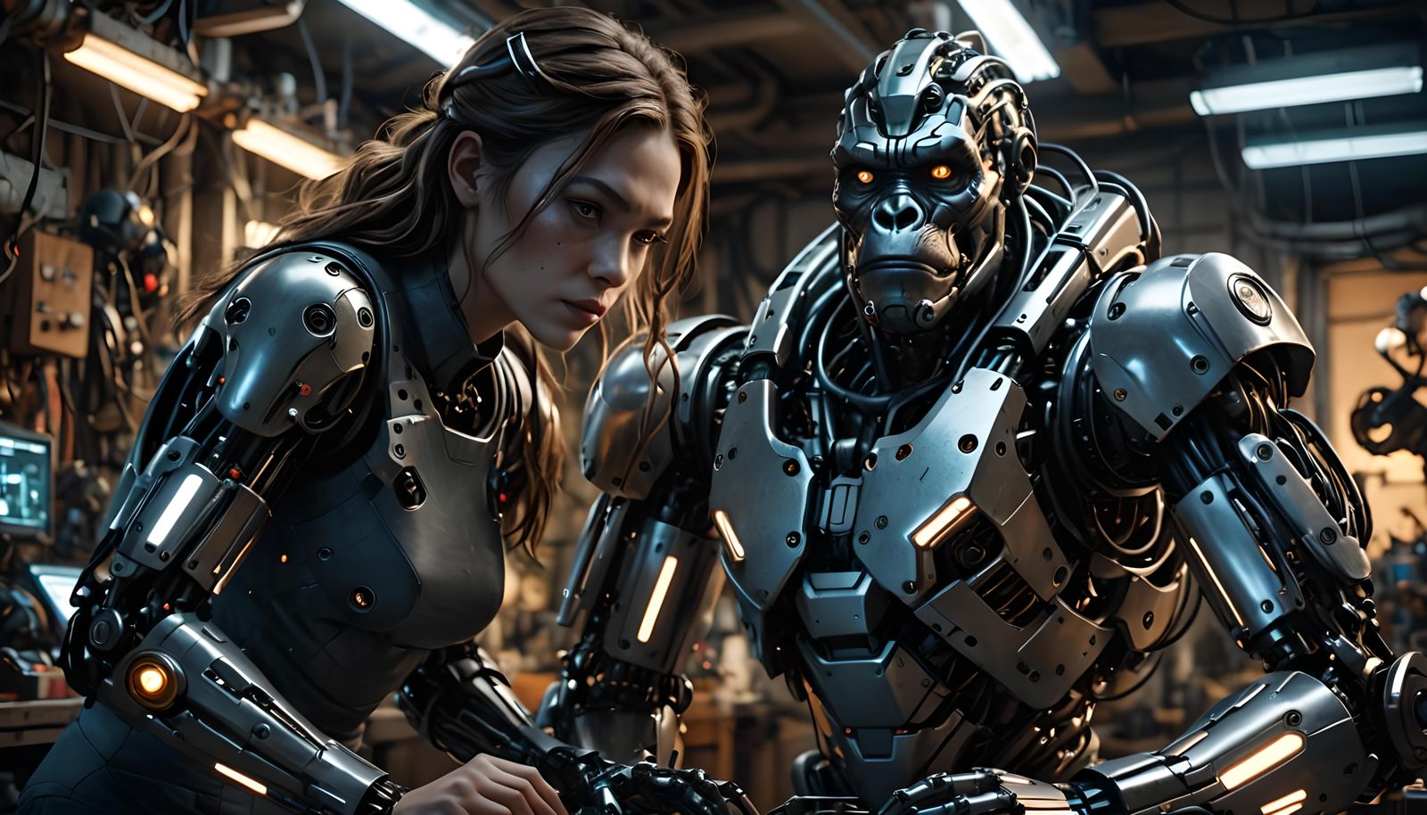 A woman with cybernetic enhancements, working intensely on a...