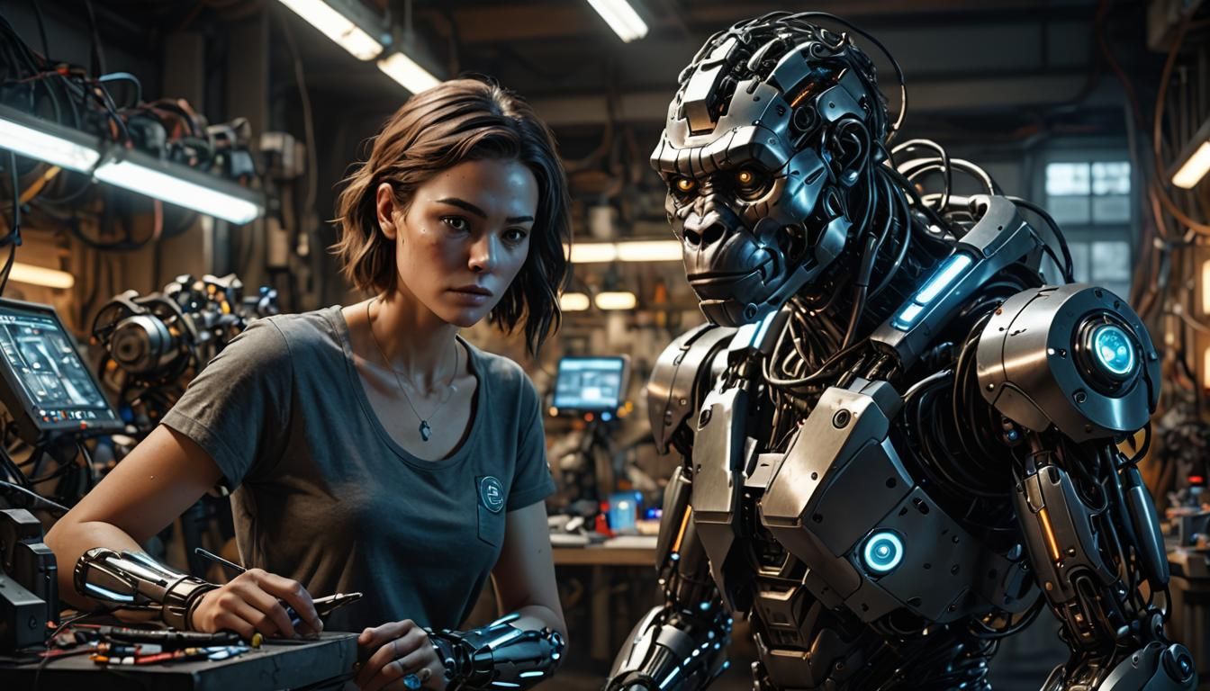 A woman with cybernetic enhancements, working intensely on a...