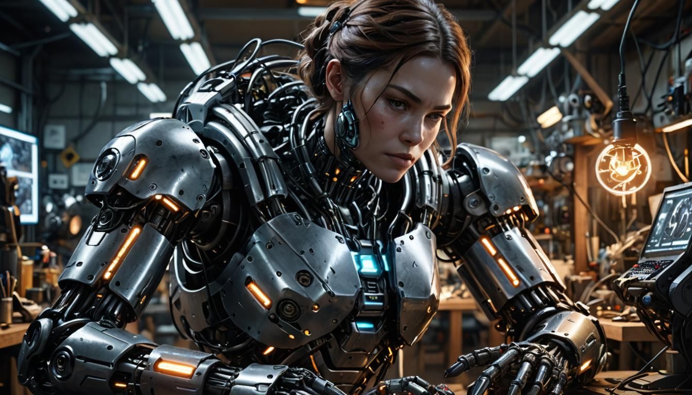 A woman with cybernetic enhancements, working intensely on a...