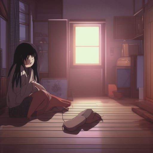 Anime Character in Rainy House: Ghibli-Inspired Visual