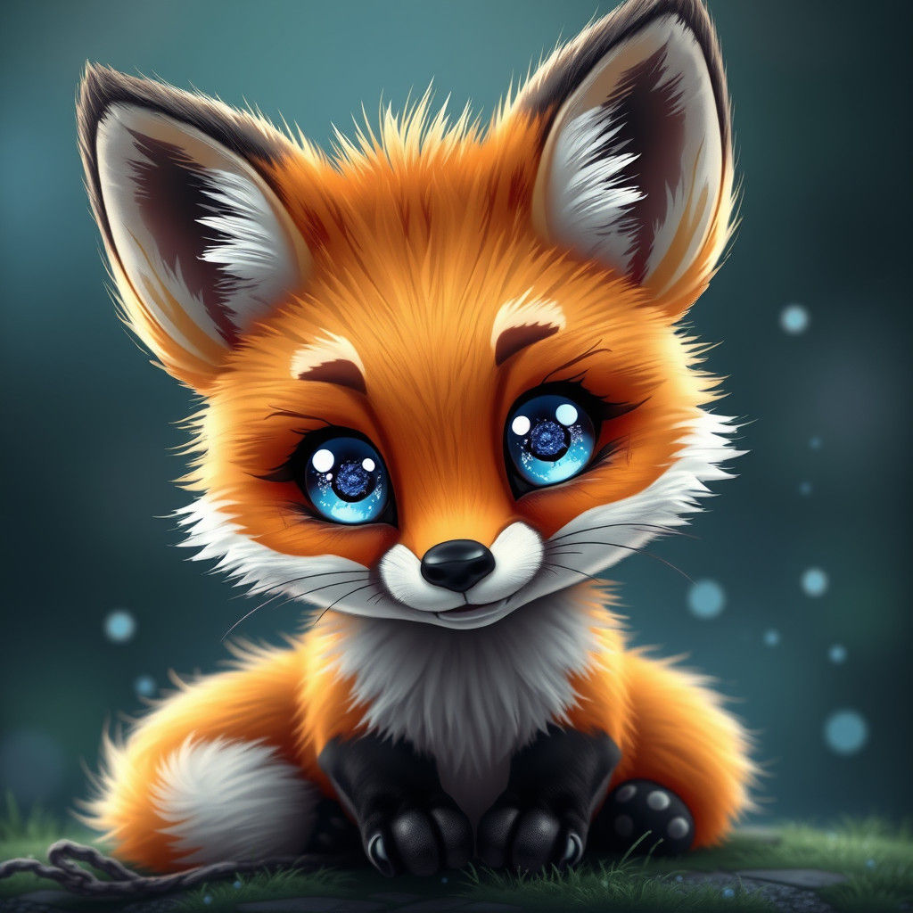 Adorable Baby Fox Cartoon with Glittery Eyes