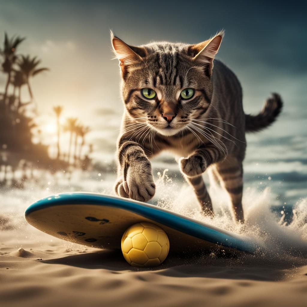 Cat Surfing and Playing Football in Desert