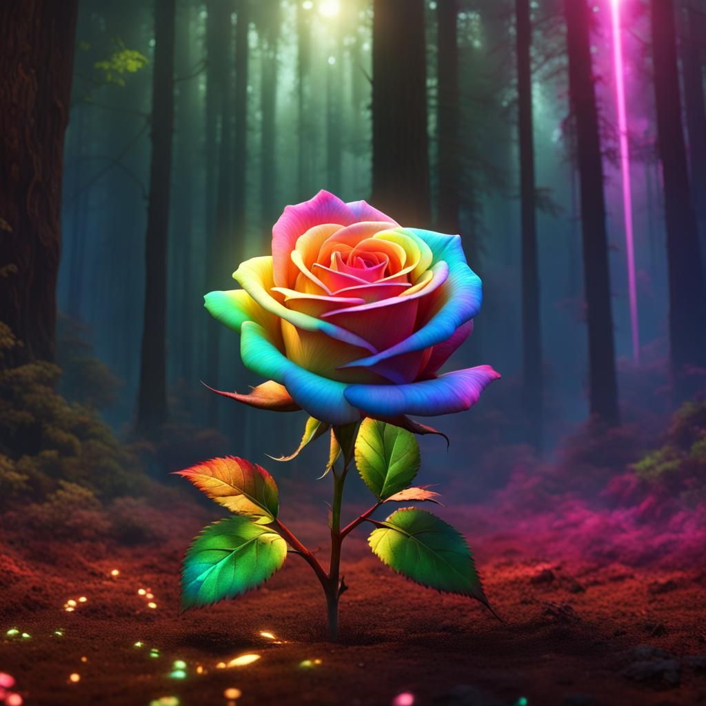 Glowing Rainbow Rose in a Rainbow Forest
